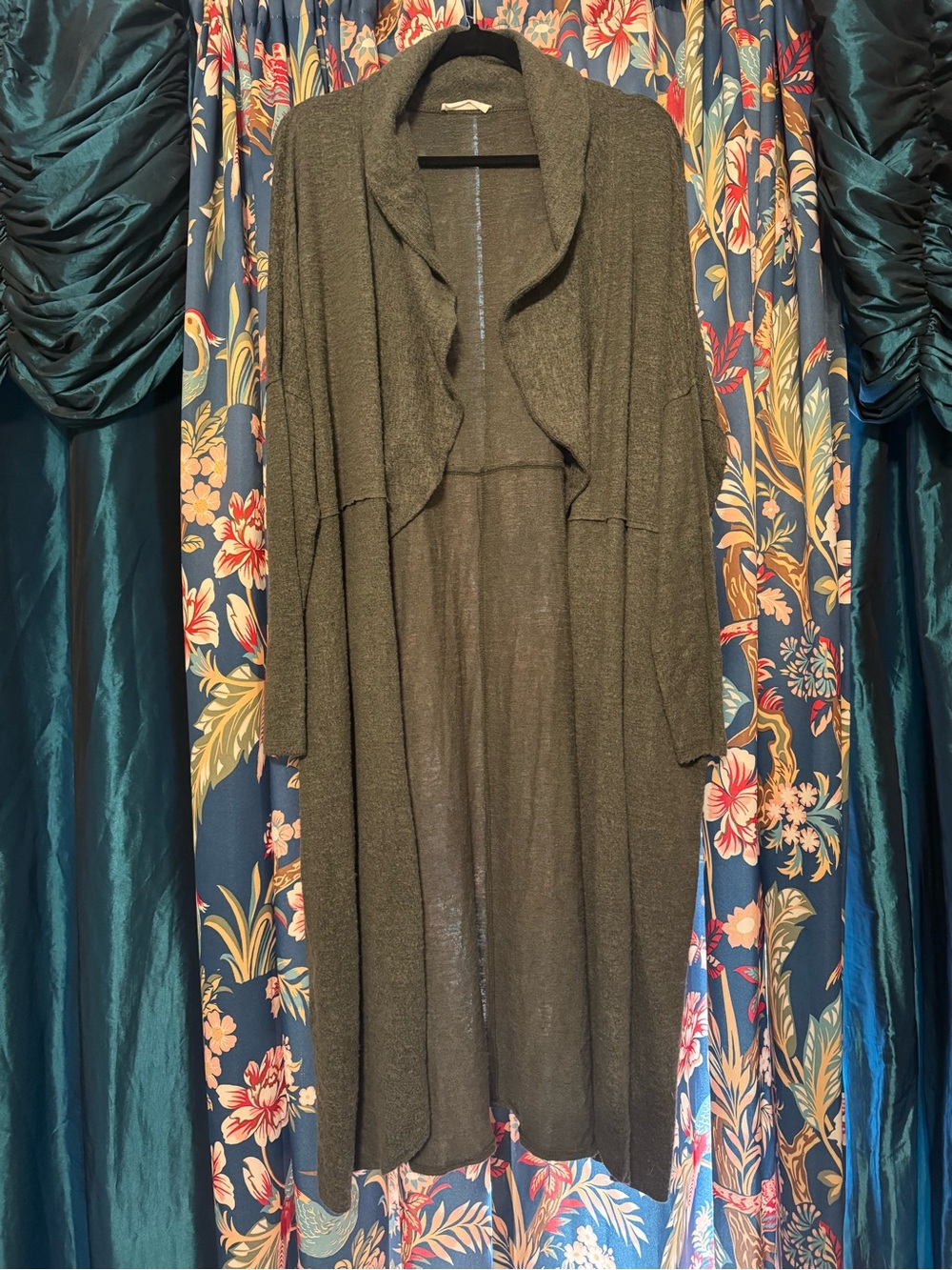 Bucket List Olive Green Long Open Front Draped Cardigan L